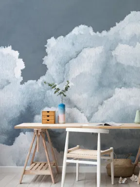 Papier Peint Panoramique à l’Aquarelle avec Ciel Bleu Nuit et Nuages