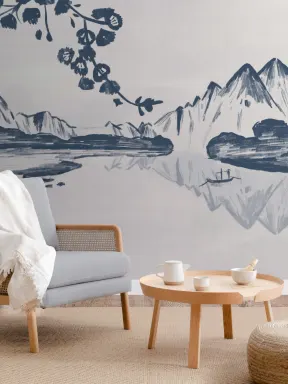 Traditional Chinese Willow & Mountain Ink Wallpaper Mural