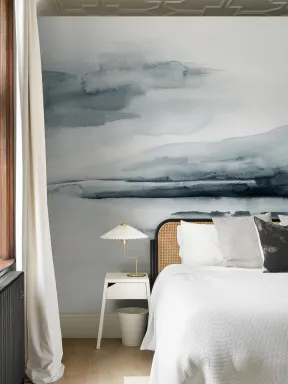 Blau-Graue Aquarell Fototapete mit Flusslandschaft
