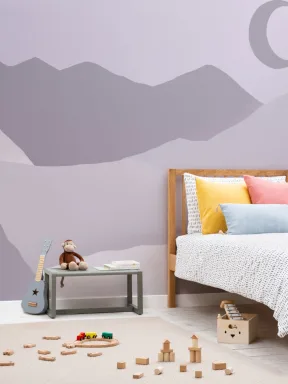 Mural Papel Pintado Morado con Paisaje Natural de Montañas y Luna