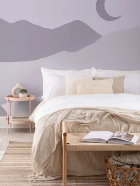 Purple Moon and Mountains Night Landscape Handmade Wallpaper Mural