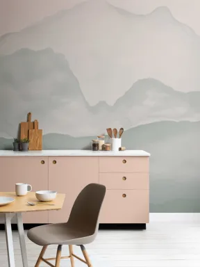 Papier Peint Panoramique Montagnes à l’Aquarelle Vert Sauge