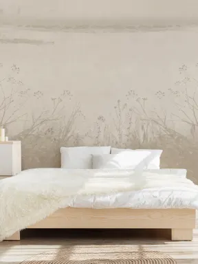 Riverbank Grassland Wall Mural in Warm Neutrals