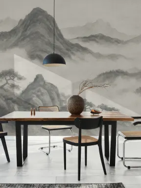 Charcoal Japanese Mountain Landscape Wall Mural
