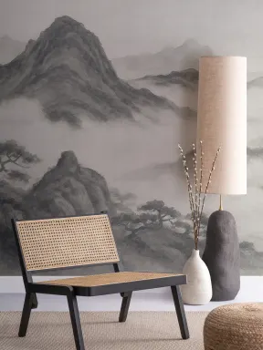 Papier peint panoramique de la montagne japonaise au fusain