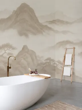 Beige Japandi fjordlandskap fototapet