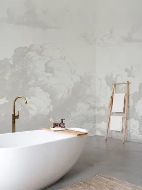 Mural artístico de nubes vintage esbozadas en beige para aportar tranquilidad