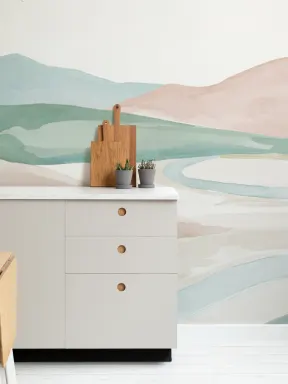 Pastell Aquarell Tal Landschaft Fototapete
