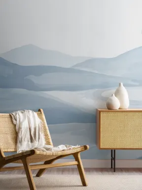 Blue Watercolor Valley Landscape Mural