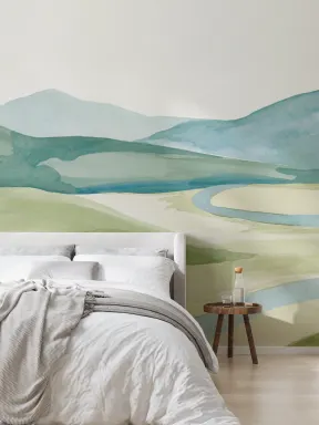 Mural de paisagem do vale em aguarela
