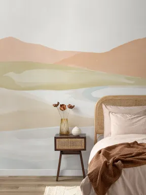 Mural de paisagem do vale em aguarela laranja