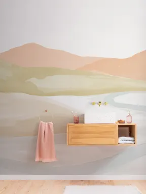 Orange Watercolor Valley Landscape Mural