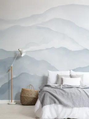 Papier peint panoramique des montagnes en aquarelle bleu clair