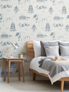 Ancient Chinese Blue Illustrations Pattern Wallpaper Mural