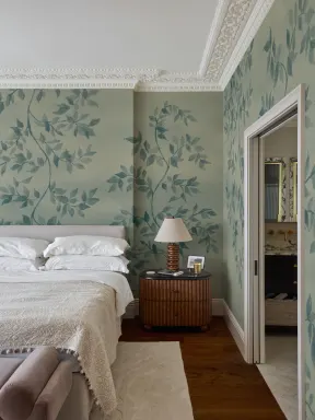 Teal Poetic Leaves Botanical Mural For Serene Spaces