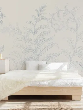 Blue Botanical Ferns Mural