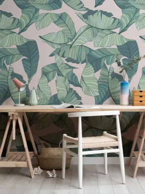 Pink & Green Tropical Leaf Wallpaper Mural