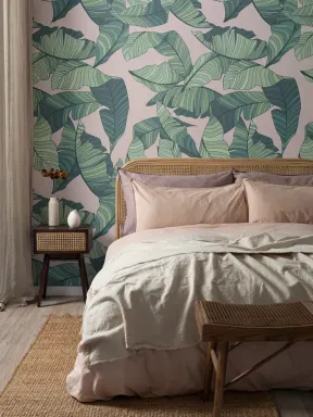 Pink & Green Tropical Leaf Wallpaper Mural