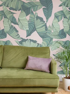 Papier Peint Panoramique Feuilles Tropicales Roses et Vertes