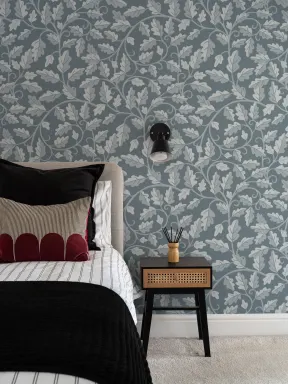 Blue Oak Leaf Botanical Pattern Mural for Serene Spaces