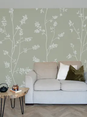 Papier peint panoramique botanique vert apaisant pour des espaces tranquilles