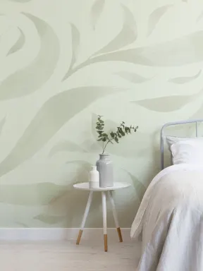 Green Watercolor Floating Leaves Mural