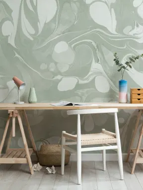 Papier Peint Panoramique Marbré Vert Sauge