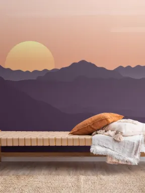 Fototapete Rot Illustrierte Landschaft bei Sonnenuntergang
