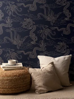 Navy Chinese Dragon and Phoenix Outline Wallpaper