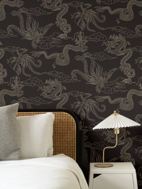 Dark Chinese Dragon and Phoenix Outline Wallpaper