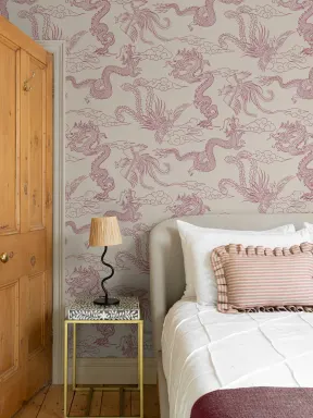 Raspberry Chinese Dragon and Phoenix Outline Wallpaper
