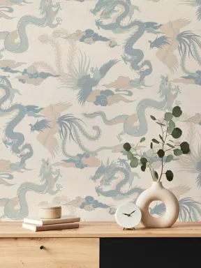 Blauer chinesischer Drache und Phönix Tapete