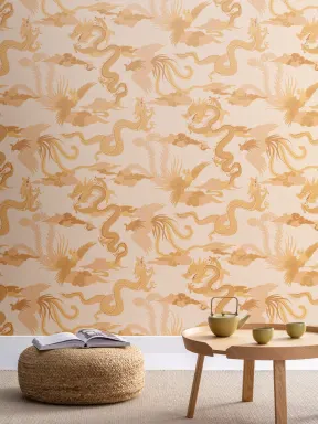 Gold Chinese Dragon and Phoenix Wallpaper