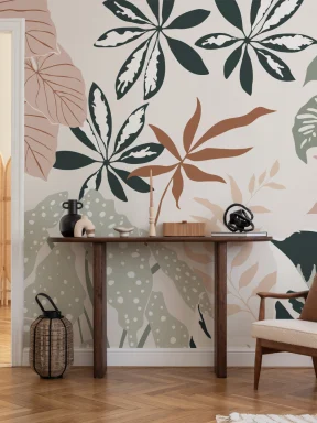 Neutral and Green Modern Botanical Plants Wallpaper Mural