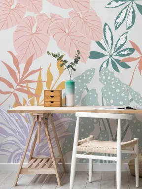 Papier Peint Botanique Panoramique avec Plantes en Tons Pastel