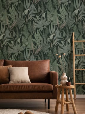 Dark Green Vintage Fern Illustrations Repeat Pattern Wallpaper