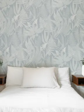 Light Blue Vintage Fern Illustrations Repeat Pattern Wallpaper