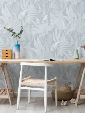 Papier Peint Fougère à Motifs Répétés en Bleu Clair Vintage