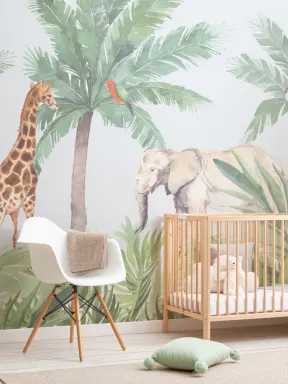 Akvarel jungle børnehave tapet vægmaleri