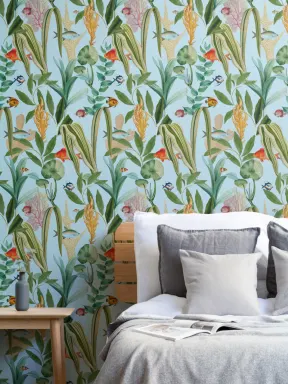 Papier peint côtier bleu poissons et plantes