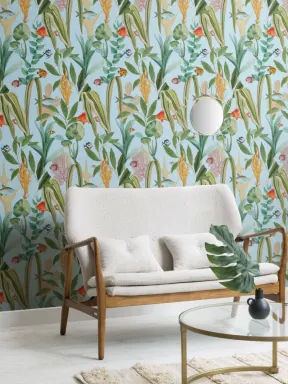 Papier peint côtier bleu poissons et plantes