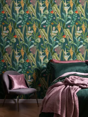 Teal Fish & Plants Coastal Wallpaper