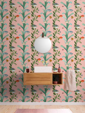 Pink Fish & Seaweed Coastal Wallpaper