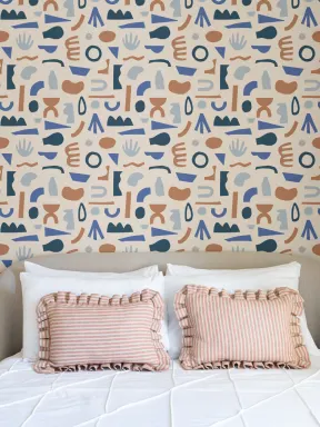 Blue & Neutral Abstract Shapes Repeat Pattern Wallpaper