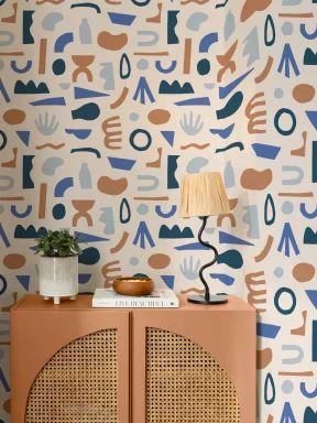 Mustertapete Abstrakte Formen Blau-Neutralfarben