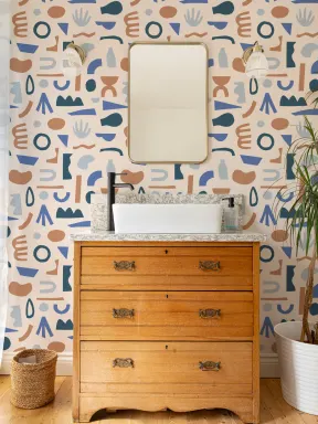 Blue & Neutral Abstract Shapes Repeat Pattern Wallpaper