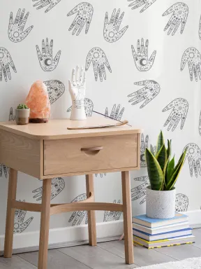 Black & White Cosmic Symbols Hands Repeat Pattern Wallpaper