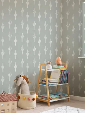 Papel Pintado Cactus de color verde salvia con motivo boho repetido