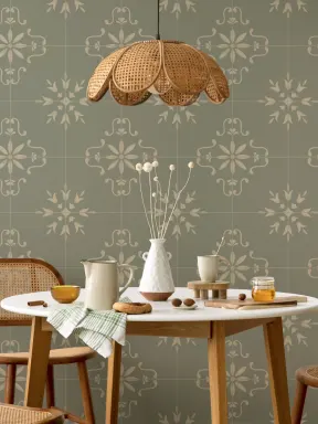 Dark Green Azulejo Pattern Decorative Tile Effect Mural