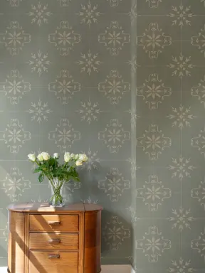 Papier peint panoramique à effet de carreaux décoratifs motif Azulejo vert foncé